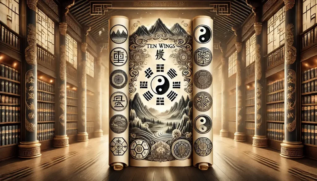 An artistic representation of the 'Ten Wings' of the I Ching, showcasing an ancient Chinese manuscript-style design.