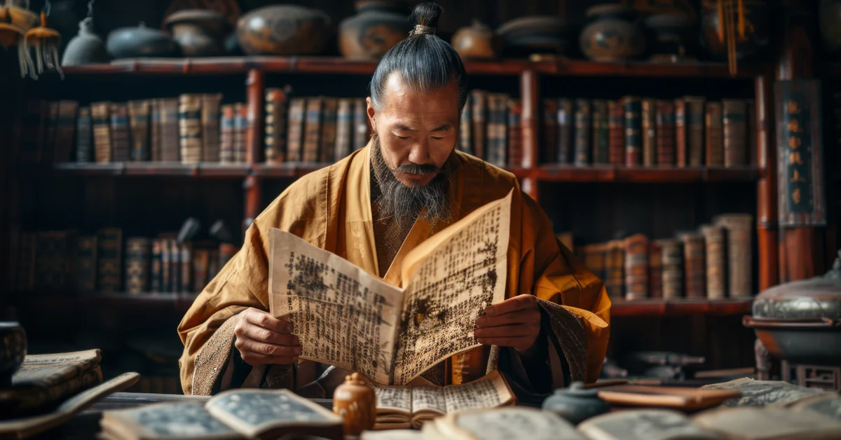 A Caucasian monk in a Chinese monastery studying ancient scrolls symbolizing the Ten Wings of the I Ching, surrounded by ancient books and cultural artifacts in a serene library setting.