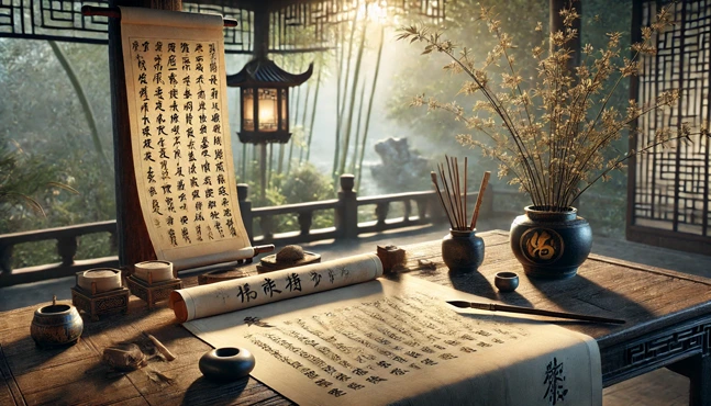 An ancient Chinese scholar’s desk with an open scroll, calligraphy brushes, an inkstone, and yarrow stalks. The scene is bathed in natural light, overlooking a peaceful garden with bamboo trees and a stone lantern, symbolizing reflection and the study of the Ten Wings in a step-by-step I Ching guide.