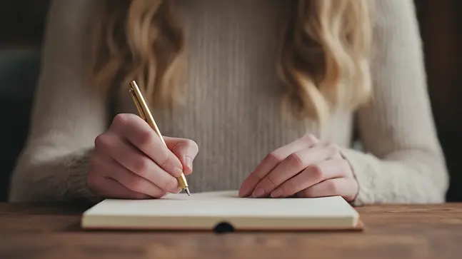 A woman journaling on a wooden desk, writing down her reflections and insights from an I Ching reading. The image highlights the importance of keeping a journal to record hexagrams, changing lines, and personal growth as part of a step-by-step I Ching guide.