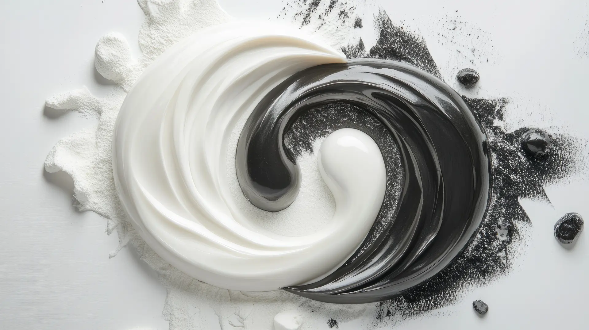 White and black swirls of cream creating a Yin Yang symbol