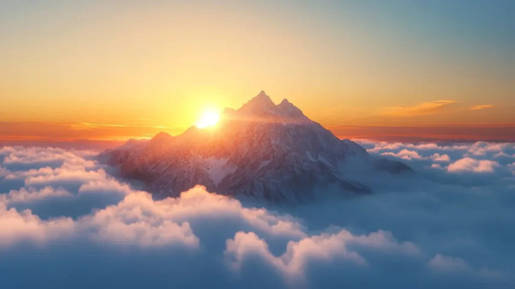 An isolated mountain peak at sunrise, symbolizing reflection and completion in Hexagram 63 of the I Ching.