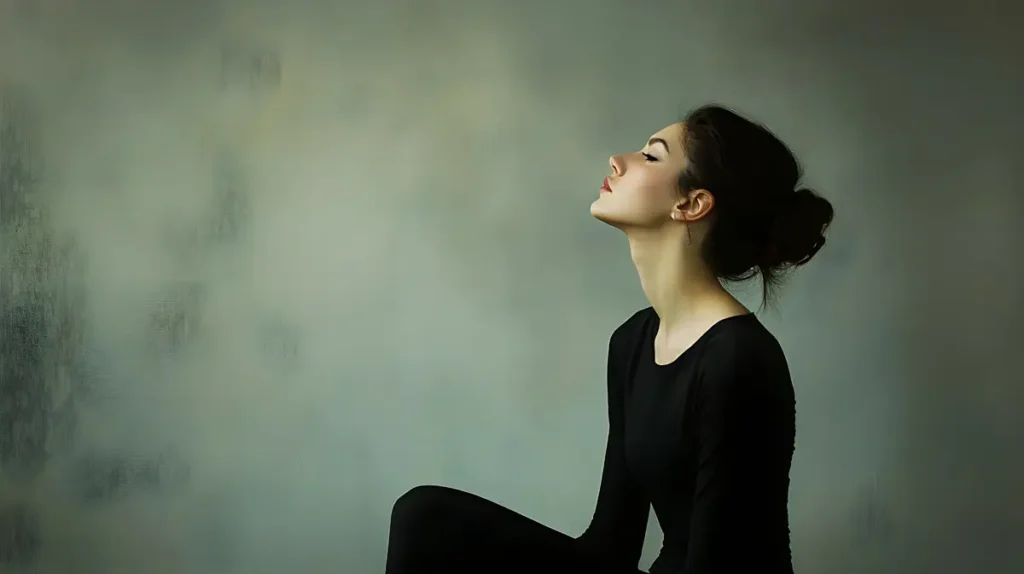 A minimalist photograph of a performer evoking deep emotion, highlighting the impact of Yin-Yang Principles in Music and I Ching on audience connection.