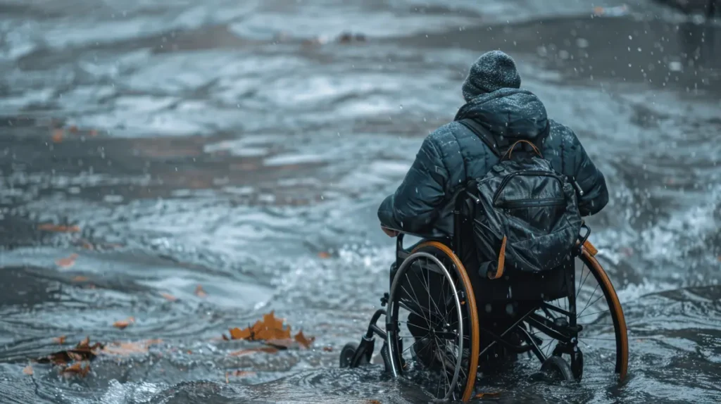 A person in a wheelchair navigating a flooded street, symbolizing resilience and determination inspired by Hexagram 26.