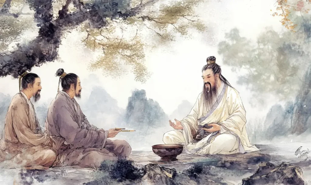 Three wise men in robes, seated amidst misty mountains, symbolizing wisdom and the themes of restraint in Hexagram 26.