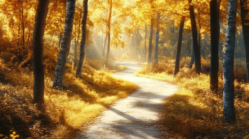 Sunlit forest pathway with golden foliage, symbolizing the journey of discovery and harmony in I Ching Hexagram 61's teachings.