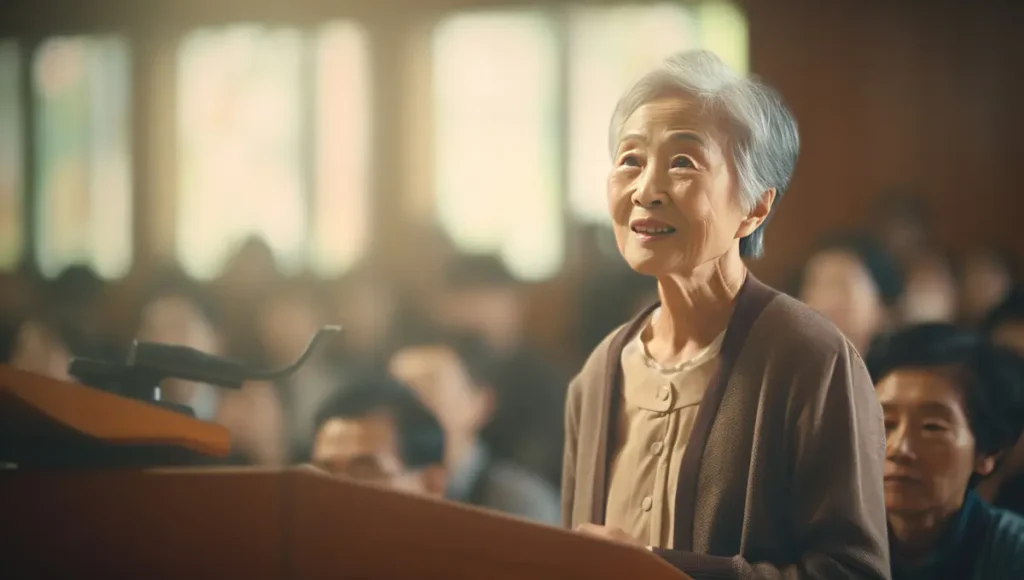 Elderly Asian woman at a podium, speaking to an audience, symbolizing the wisdom and trust of I Ching Hexagram 61 in context.