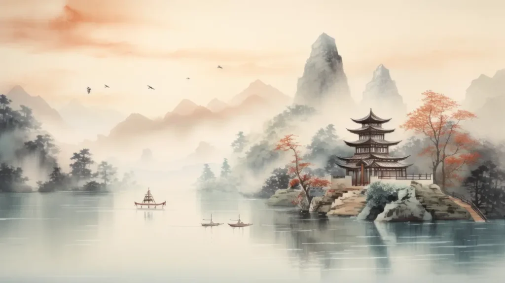 Traditional Chinese painting of misty mountains and a serene lake at sunset, reflecting the artistic influence of I Ching Hexagram 61.