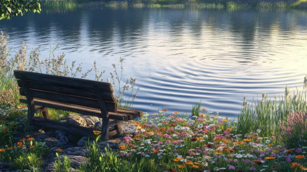 Tranquil lakeside with a rustic bench, reeds, and wildflowers, reflecting the calm of I Ching Hexagram 61: Inner Truth.