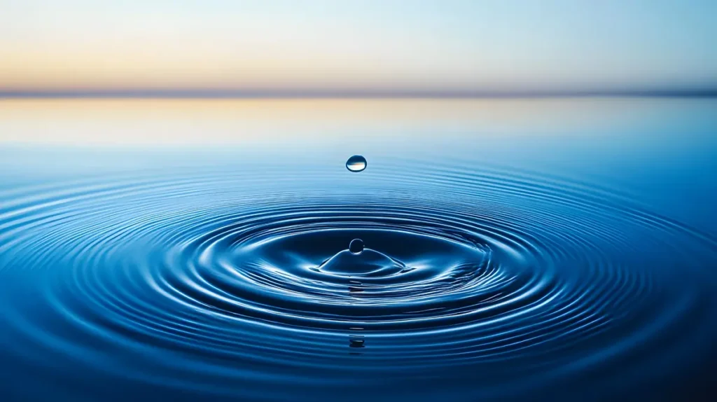 Water drops on a still lake creating ripples, symbolizing the dynamic balance of Hexagram 63 in the I Ching.