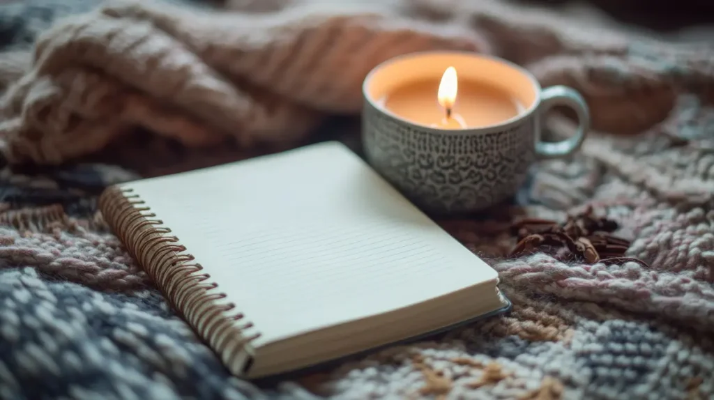 Cozy flat-lay with a notebook, lit candle, and herbal tea, reflecting introspection and the wisdom of I Ching Hexagram 61.