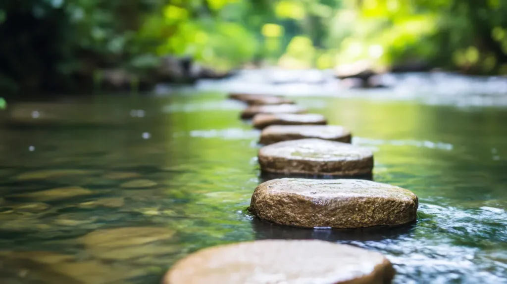 Smooth stepping stones through calm waters, reflecting the journey of Hexagram 63 and harmony in the I Ching.