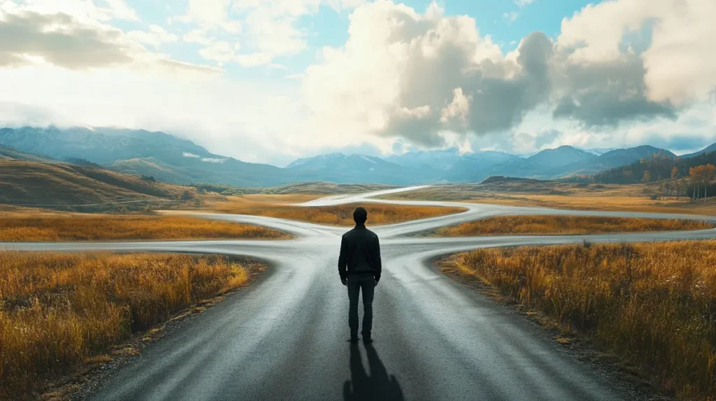 Person at a scenic crossroads with mountains and cloudy skies, symbolizing choices and clarity in I Ching Hexagram 61.