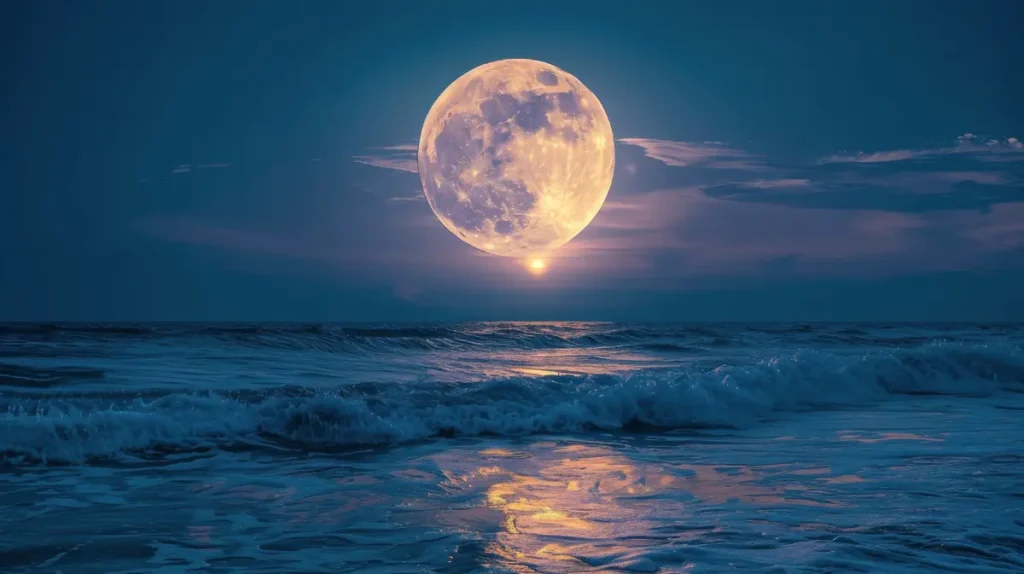 A stunning full moon over calm ocean waters, representing clarity and balance in I Ching Hexagram 63.