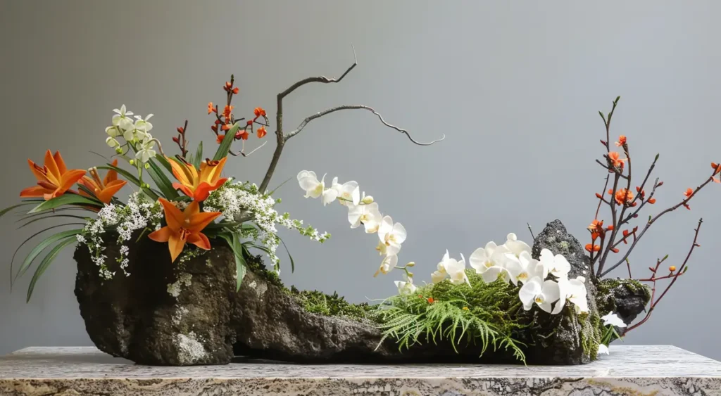 A harmonious ikebana flower arrangement, symbolizing the practical applications of Yin-Yang Principles in Music for achieving creative balance.