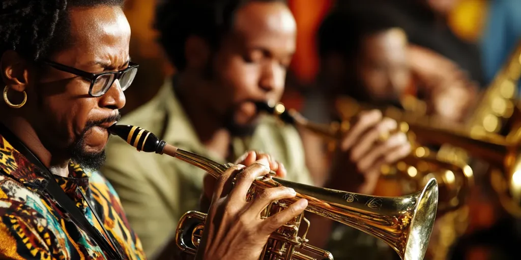 A dynamic group of musicians blending funk, jazz, and world music, showcasing practical applications of Yin-Yang Principles in Music and insights from I Ching hexagrams for musicians.