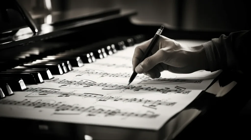 A musician composing on sheet music, emphasizing the integration of Yin-Yang Principles in Music to achieve balance in melody, rhythm, and dynamics.