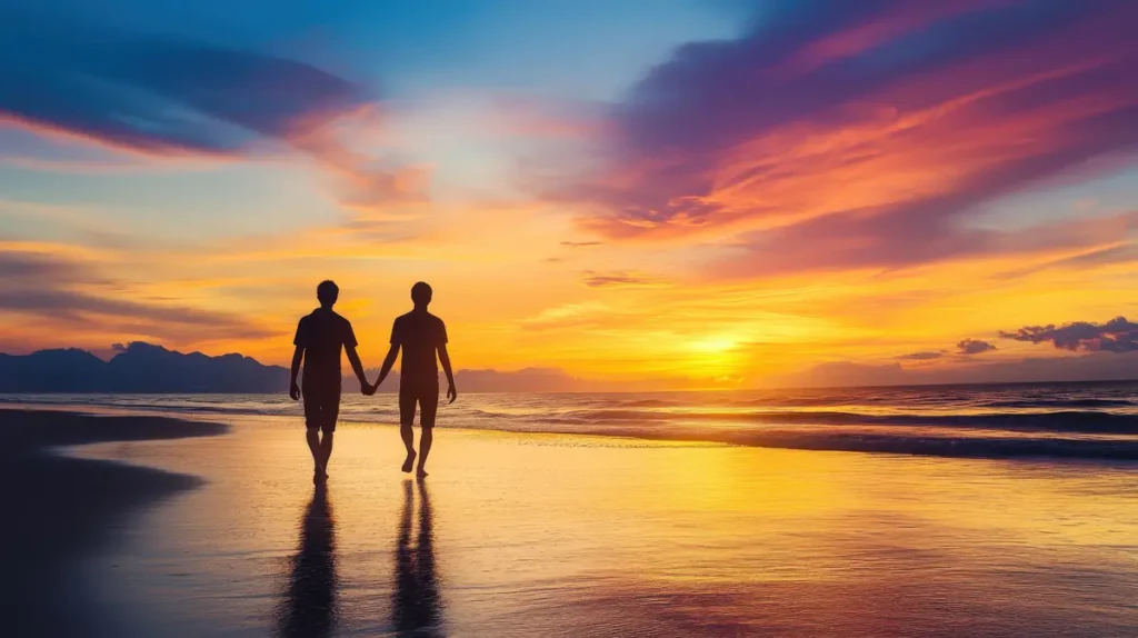 Couple walking at sunset symbolizing harmony and insights gained through the I Ching for Relationships and relationship hexagrams.