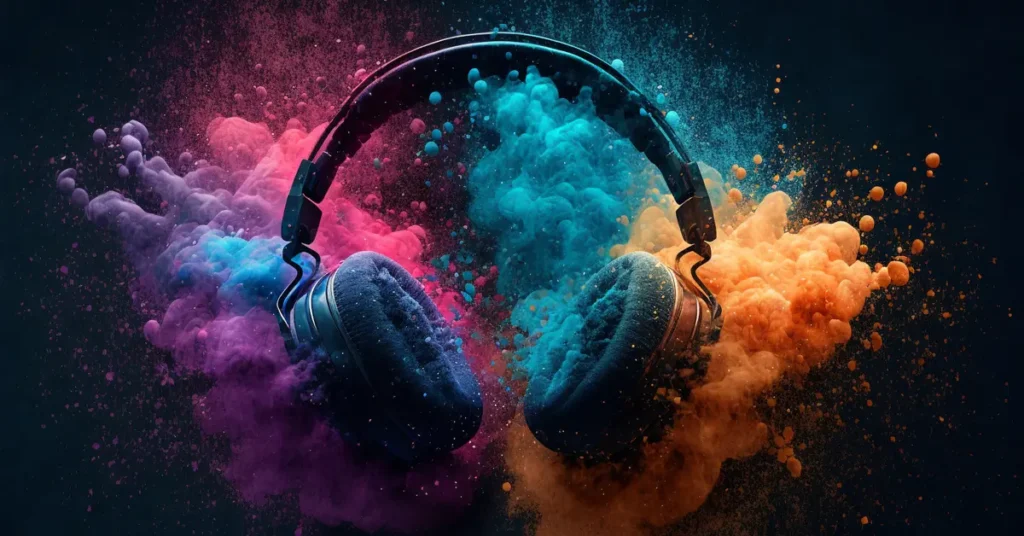 Headphones surrounded by colorful powder, symbolizing balance and duality in Yin-Yang Principles in Music and its connection to Music Theory and I Ching.