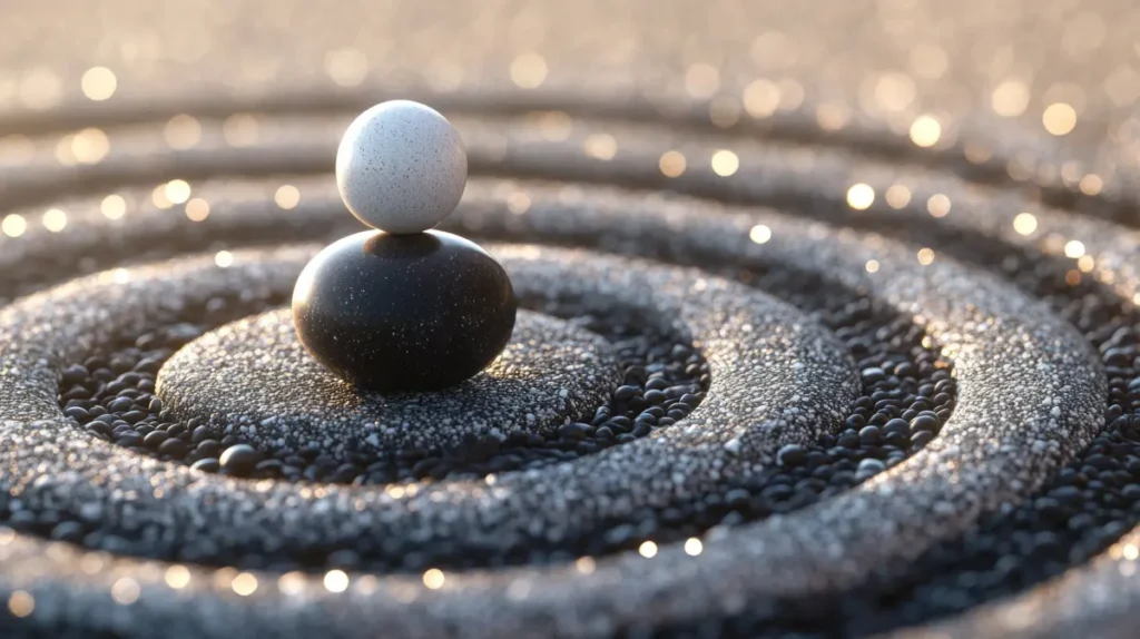 A serene artistic depiction of Yin-Yang principles, reflecting the integration of I Ching wisdom and Music Theory to inspire harmonious musical compositions.